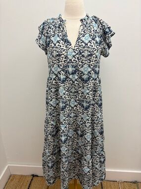 THML Navy and Light Blue Printed Short-Sleeve Tiered Midi Dress
